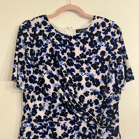 Lauren Ralph Lauren Cocktail Dress Size 16 ALine Blue Floral Stretch Event Party - Picture 4 of 13
